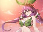  1girl bare_arms blurry blurry_background breasts brown_eyes cleavage floating_hair flower granblue_fantasy hair_between_eyes hair_flower hair_ornament hanosuke large_breasts leaf_bra long_hair low_twintails midriff monster_girl open_mouth plant_girl purple_hair solo sprout_on_head stomach twintails upper_body very_long_hair white_flower yggdrasil_(granblue_fantasy) 