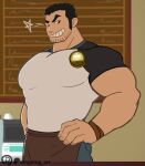  1boy apron bara barista beard_stubble black_hair dingding_art grin highres huge_eyebrows huge_pectorals indoors large_hands looking_at_viewer lucas_lee male_focus muscular muscular_male one_eye_closed scott_pilgrim_takes_off shirt short_hair short_sleeves sideways_glance smile solo t-shirt tight_clothes tight_shirt waist_apron wink_star 