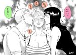  1boy 2girls bisexual_female black_hair blush breasts cleavage closed_eyes collarbone commentary_request heart kimama55 large_breasts licking licking_ear looking_at_another medium_hair monochrome multiple_girls nami_(one_piece) neck nico_robin one_piece roronoa_zoro shirt short_hair sleeveless speech_bubble thought_bubble tongue translation_request upper_body urakasugaop 