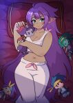  2020 bed blue_eyes bolo_(shantae) breasts brown_body brown_skin cleavage clothed clothing ear_piercing ear_ring female furniture genie hair hi_res humanoid humanoid_pointy_ears long_hair navel ninelean not_furry pajamas piercing pillow plushie purple_hair ring_piercing risky_boots rottytops shantae shantae_(series) sky_(shantae) smile solo wayforward 
