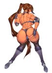  1girl absurdres ass ass_grab boots breasts brown_hair cameltoe collar dark-skinned_female dark_skin elbow_pads fingerless_gloves from_behind gakuen_taisen_valkyries gloves grabbing_own_ass hand_on_own_ass head_out_of_frame highres huge_ass huge_breasts ilse_valentine long_hair muscular muscular_female nanashi_no_touhoku_kenjin panties partially_visible_vulva ponytail same_ningen solo sweat thigh_boots thighhighs thighs underwear very_long_hair 