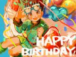  1boy :d balloon birthday birthday_cake black_hair blue-framed_eyewear blush boots cake confetti cropped_legs english_text food fruit gon_freecss green_footwear green_jacket green_shorts happy_birthday highres holding holding_balloon holding_eyewear hunter_x_hunter jacket long_sleeves looking_at_viewer male_child male_focus oversized_food short_hair shorts sitting smile solo spiked_hair strawberry thicopoyo 