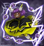 1girl artist_name black_cape bob_cut cape character_name dark-skinned_female dark_skin dynatron_(mighty_no._9) electricity full_body grin horns joints looking_at_viewer md5_mismatch mighty_no._9 mitsudomoe_(shape) no_feet purple_background purple_hair red_eyes resolution_mismatch robot robot_girl robot_joints sharp_teeth short_hair signature simple_background smile solo source_smaller syahilla teeth tomoe_(symbol) two-tone_cape v-shaped_eyebrows very_dark_skin yellow_cape yellow_horns 