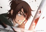  1other absurdres blood blood_on_weapon brown_eyes brown_hair clenched_teeth cloak commentary_request eyepatch glasses green_cloak hange_zoe highres portrait shingeki_no_kyojin short_hair sirius_0905hz solo sword teeth twitter_username weapon 