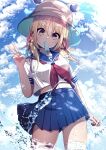  1girl blonde_hair blue_sailor_collar blue_skirt darumoon food_in_mouth gensokyo hair_ribbon highres medium_hair midriff_peek moriya_suwako navel neckerchief pleated_skirt popsicle_in_mouth red_ribbon ribbon sailor_collar school_uniform serafuku shirt short_sleeves skirt solo thighhighs touhou v white_shirt yellow_eyes 