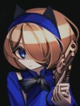  1girl animal_ears aria_(phantom_rose) ascot black_ascot black_background blonde_hair blue_eyes blue_hairband blue_shirt blurry bob_cut bright_pupils commentary dot_nose eyebrows_hidden_by_hair fake_animal_ears gun hair_over_one_eye hairband high_collar holding holding_gun holding_weapon long_bangs long_sleeves looking_at_viewer makaroll own_hands_together parted_lips phantom_rose revolver shaded_face shirt short_hair simple_background solo suspenders swept_bangs trigger_discipline upper_body weapon 