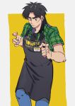  1boy apron black_apron black_eyes black_hair blue_pants closed_mouth commentary_request expressionless feet_out_of_frame fingernails green_shirt highres id_card inudori itou_kaiji kaiji long_hair looking_down male_focus medium_bangs pants parted_bangs plaid plaid_shirt scar scar_on_cheek scar_on_face scar_on_hand shirt short_sleeves solo tower_records two-tone_background white_background yellow_background 