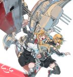  2girls ascot black_skirt blonde_hair blue_eyes cannon feet_out_of_frame flower garter_straps gegeron grey_shirt grey_thighhighs headgear highres kantai_collection long_hair machinery matching_outfits military_uniform multiple_girls neck_flower nelson_(kancolle) red_ascot red_flower red_rose rodney_(kancolle) rose shirt short_hair skirt thighhighs turret uniform 