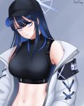  1girl absurdres bare_shoulders baseball_cap black_headwear black_shirt blue_archive blue_eyes blue_hair blunt_bangs breasts coat commentary_request crop_top grey_background hat head_tilt highres large_breasts long_hair long_sleeves looking_at_viewer midriff navel off_shoulder open_clothes open_coat saori_(blue_archive) shirt simple_background sleeveless sleeveless_shirt solo stomach upper_body white_coat whti0613 
