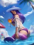  2girls absurdres animal ass bare_shoulders bikini bird bracelet breasts caitlyn_(league_of_legends) cloud cup day drinking_straw from_side highres holding holding_cup holding_innertube innertube jewelry large_breasts league_of_legends long_hair looking_at_viewer looking_to_the_side multiple_girls orange919_(zzh) palm_tree pool_party_caitlyn pool_party_zoe purple_bikini purple_hair shirt solo_focus swimsuit tree wading water white_headwear white_shirt zoe_(league_of_legends) 