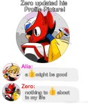  1boy 1girl aile_(mega_man_zx) android black_eyes blonde_hair chat_log commentary emoji english_commentary english_text helmet highres long_hair mega_man_(series) mega_man_x6 mega_man_x_(series) opendoorlorien smile thumbs_up zero_(mega_man) 