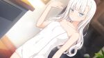  1girl aikotoba_-silver_snow_sister- any_(trueblue) blue_eyes blunt_bangs blush breasts door fanning_self game_cg hoshitsugu_shirone indoors jitome long_hair looking_at_viewer naked_towel non-web_source small_breasts solo towel upper_body white_hair white_towel 