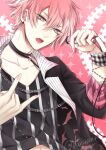  1boy \n/ chain_necklace dear_vocalist ear_piercing earrings fingernails grey_eyes hair_between_eyes holding jewelry long_sleeves looking_at_viewer male_focus midriff_peek mimura_(men0725) necklace open_mouth piercing pink_hair re-o-do shirt sleeves_past_elbows solo star_(symbol) striped striped_shirt teeth twitter_username upper_body upper_teeth_only 