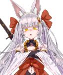  1girl animal_ear_fluff animal_ears asanagi asanagi_(azur_lane) azur_lane bare_shoulders blunt_bangs colored_eyelashes commentary_request crossed_arms detached_sleeves fox_ears hair_ribbon hakama highres japanese_clothes long_hair looking_at_viewer manjuu_(azur_lane) midriff mole mole_on_stomach name_connection navel open_mouth red_eyeliner red_hakama red_ribbon ribbon simple_background solo triangle_mouth twintails upper_body white_background white_hair wide_sleeves yellow_eyes 