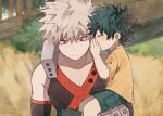  2boys aged_down bakugou_katsuki bare_shoulders black_shorts blonde_hair boku_no_hero_academia carrying carrying_person child closed_eyes coi_mha collarbone day detached_sleeves freckles hand_up male_focus midoriya_izuku multiple_boys orange_shirt outdoors profile red_eyes shirt short_sleeves shorts spiked_hair tree whispering 