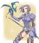  1girl arm_guards armor avatar_(ff11) black_gloves breastplate breasts brown_thighhighs dragon dragoon_(final_fantasy) dragoon_wyvern_(ff11) faulds final_fantasy final_fantasy_xi garter_straps gloves grey_hair holding holding_polearm holding_weapon hume left-handed medium_breasts parted_lips polearm purple_armor purple_eyes sakutsuki short_hair shoulder_armor solo spear thighhighs thighs weapon 