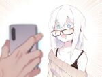  1boy 1girl asutora asutora-chan black-framed_eyewear blue_eyes breasts brown_sweater cellphone cleavage collarbone commentary_request drooling glasses hypnosis medium_breasts medium_hair mind_control mole mole_under_eye off_shoulder open_mouth original phone sweater white_hair 