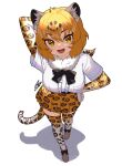  animal_ears arm_behind_head black_bow black_bowtie blonde_hair blush boots bow bowtie brown_hair center_frills footwear_bow frills from_above fur_collar hand_on_own_hip hatagaya jaguar_(kemono_friends) jaguar_ears jaguar_girl jaguar_print jaguar_tail kemono_friends looking_at_viewer multiple_girls open_mouth pleated_skirt print_skirt print_thighhighs shirt short_hair short_sleeves skirt smile t-shirt tail thighhighs white_fur yellow_eyes zettai_ryouiki 