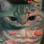  :3 animal_focus black_background brown_fur cat close-up commentary_request highres karin_hosono looking_at_viewer no_humans original painting_(medium) realistic simple_background sparkle striped_fur tabby_cat traditional_media 