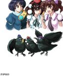  3girls absurdres ascot bird black_ascot black_hair blue_headwear brown_hair cellphone commentary cropped_torso crow dated english_commentary hat highres himekaidou_hatate himekaidou_hatate_(crow) holding holding_phone iizunamaru_megumu iizunamaru_megumu_(bird) multiple_girls phone pom_pom_(clothes) profitshame purple_headwear red_eyes red_headwear shameimaru_aya shameimaru_aya_(crow) short_hair short_sleeves shoulder_guard signature simple_background tokin_hat touhou upper_body white_background 