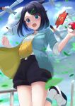  1girl a10_(avxv8374) absurdres black_shorts blurry cloud commentary_request day falling_leaves fence green_jacket highres holding holding_poke_ball jacket leaf leg_up liko_(pokemon) looking_down open_clothes open_jacket outdoors poke_ball pokemon pokemon_(anime) pokemon_(creature) pokemon_horizons rotom rotom_phone shirt shoes shorts sky sleeves_past_elbows socks white_footwear white_shirt white_socks wingull yellow_bag 