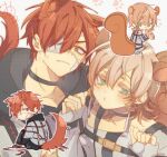  2boys absurdres animal_ears bandaid bandaid_on_cheek bandaid_on_face blonde_hair brown_hair chibi closed_mouth eyepatch green_eyes grey_background highres kajiyama_fuuta kao_ru05 kusunoki_muu looking_at_viewer milgram multicolored_hair multiple_boys paw_print pink_hair red_eyes short_hair squirrel_ears squirrel_girl wolf_boy wolf_ears 