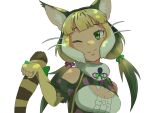  1girl animal_ears bare_shoulders camouflage cat_ears cat_girl cat_tail elbow_gloves extra_ears fingerless_gloves gloves green_eyes highres jungle_cat_(kemono_friends) kemono_friends kemono_friends_v_project long_hair looking_at_viewer microphone one_eye_closed ribbon shirt simple_background solo tail twintails virtual_youtuber y0whqzz8bkslezl 