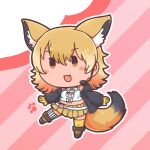  1girl animal_ears black_jacket blonde_hair boots camisole coyote_(kemono_friends) extra_ears full_body gloves jacket kemono_friends kemono_friends_v_project kneehighs looking_at_viewer microphone numazoko_namazu pink_background short_hair simple_background skirt socks solo tail virtual_youtuber wolf_ears wolf_girl wolf_tail yellow_eyes 