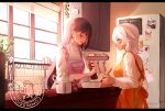  2girls ^_^ alternate_costume apron carole_peppers closed_eyes closed_mouth commission cooking dark-skinned_female dark_skin day earrings english_commentary english_text frying_pan highres homei_(honkai_impact) homu_(honkai_impact) honkai_(series) honkai_impact_3rd jewelry kitchen long_hair long_sleeves mofumanju multiple_girls raiden_mei refrigerator short_hair spoon standing upper_body white_hair white_sleeves window yellow_eyes 