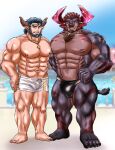  abs alphecca anthro beard black_hair body_hair bottomwear bovid bovine bulge cattle chest_hair clothing duo facial_hair hair horn human lifewonders live_a_hero male mammal muscular muscular_anthro muscular_male nipples obsidius one_eye_closed pecs pikako46 shorts speedo swimwear wink 