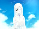  1girl blue_sky cloud colored_skin commentary_request cracked_skin dress flower halo highres holding holding_flower k-d long_hair long_sleeves looking_at_viewer neck_ribbon one-eyed original parted_lips ribbon sky smile solo upper_body white_dress white_eyes white_hair white_ribbon white_skin 