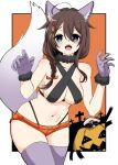  1boy 1girl admiral_(kancolle) ahoge blue_eyes braid breasts brown_hair cowboy_shot gloves gouta_(nagishiro6624) hair_flaps hair_ornament hair_over_shoulder halloween_costume highres jack-o&#039;-lantern kantai_collection long_hair medium_breasts navel shigure_(kancolle) shigure_kai_san_(kancolle) short_shorts shorts single_braid stomach white_background 