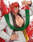  1girl absurdres black_shirt bracelet breasts dress_shirt eyewear_on_head formal gold_bracelet gold_necklace green_eyes green_scarf grey_pants grey_suit highres jewelry kidkyan marisa_(street_fighter) multiple_rings muscular muscular_female necklace pants partially_unbuttoned red_hair ring scarf shirt short_hair solo street_fighter street_fighter_6 suit sunglasses 