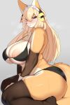  2:3 anthro bikini blonde_hair blue_eyes breasts canid canine clothed clothing faeki faeki_(character) female fox fur hair hi_res legwear mammal nipples simple_background solo stockings swimwear yellow_body yellow_fur 