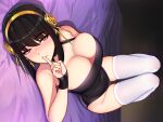  1girl bed_sheet black_hair black_one-piece_swimsuit blush breasts cleavage closed_mouth covered_navel earrings eyelashes finger_to_mouth flower full_body gold_earrings gold_hairband hair_flower hair_ornament hairband highres ikkimay index_finger_raised jewelry large_breasts lips looking_at_viewer lying on_back one-piece_swimsuit red_eyes rose shushing skindentation smile solo spikes spy_x_family swimsuit thighhighs white_thighhighs yor_briar 