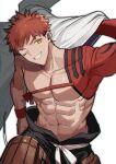  1boy abs bare_pectorals cape cowboy_shot emiya_shirou fate/grand_order fate_(series) highres igote japanese_clothes looking_at_viewer male_focus nagatekkou none_(kameko227) one_eye_closed pectorals red_hair senji_muramasa_(fate) short_hair simple_background single_bare_shoulder smile solo topless_male white_background white_cape wristband yellow_eyes 
