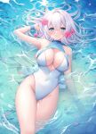  1girl blue_eyes breasts casual_one-piece_swimsuit cleavage_cutout clothing_cutout covered_navel flower hair_flower hair_ornament highres large_breasts long_hair one-piece_swimsuit original partially_submerged pink_flower solo sorakase_sawa swimsuit turtleneck two-tone_swimsuit water white_hair white_one-piece_swimsuit wristband 