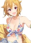  1girl bikini breasts brown_hair cleavage collarbone denim denim_shorts floral_print highres ibuki_tsubasa idolmaster idolmaster_million_live! large_breasts looking_at_viewer navel open_clothes open_fly open_mouth open_shorts pink_eyes print_bikini short_hair short_shorts shorts simple_background smile solo stomach swimsuit white_background yoshito 