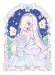  1girl blonde_hair blue_eyes bouquet bridal_veil dress earrings elbow_gloves flower gloves hair_over_one_eye highres jewelry long_dress long_hair mario_(series) meowwniz rosalina solo star_(sky) star_(symbol) tiara veil very_long_hair wedding_dress white_dress white_flower white_gloves 