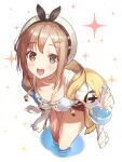  1girl :d atelier_(series) atelier_ryza atelier_ryza_1 bent_over breasts brown_eyes brown_hair cleavage collarbone commentary_request flask from_above green322 hair_ornament hairclip hat highres looking_at_viewer medium_breasts open_mouth red_shorts reisalin_stout short_hair short_shorts shorts simple_background smile solo sparkle_background standing wading water white_background white_headwear 