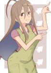  1girl ahoge apron bluearcadegames breasts brown_hair commentary do_it_yourself!! green_apron hair_between_eyes highres huge_ahoge long_hair looking_at_viewer mature_female red_eyes simple_background smile solo very_long_hair white_background yua_serufu&#039;s_mother 