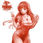  1girl alicia_(dragon_spirit) breasts cleavage collarbone copyright_name covered_navel dragon_spirit dress earrings hairband hands_up highres jewelry long_hair medium_breasts minamoto80486 monochrome necklace red_theme ringed_eyes simple_background smile solo v white_background 