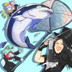  1other 2girls :d androgynous aqua_background baseball_cap black_gloves black_hair body_markings breasts closed_eyes colored_skin demon_girl demon_horns drop_shadow fingerless_gloves fish fishing fishing_net fishing_rod gloves green_hair green_nails guilty_gear guilty_gear_strive hair_over_one_eye hashtag hat highres horns life_vest long_hair luci_omi_gusu multiple_girls open_mouth pink_hair smile succubus_familiar sweatdrop testament_(guilty_gear) top_hat white_gloves 