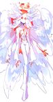  1other ambiguous_gender angel bodysuit colored_skin extra_arms firebay full_body halo head_wings highres long_sleeves multicolored_skin multiple_wings original red_background red_skin solo sparkle two-tone_skin white_background white_bodysuit white_skin wings 