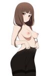  1girl absurdres adjusting_clothes adjusting_legwear alternate_breast_size black_pantyhose blunt_bangs blush breasts brown_eyes brown_hair closed_mouth collarbone commentary coro_fae cowboy_shot dot_nose embarrassed english_commentary fingernails highres iino_miko kaguya-sama_wa_kokurasetai_~tensai-tachi_no_renai_zunousen~ long_hair looking_at_viewer low_twintails medium_breasts nail_polish navel nipples pantyhose pink_nails simple_background solo standing stomach strap_gap thighband_pantyhose topless twintails white_background 