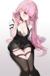  1girl belt black_choker blush breasts choker cleavage collarbone dress hand_in_own_hair highres hololive hololive_english koahri large_breasts long_hair looking_at_viewer mori_calliope multiple_girls pink_eyes pink_hair short_shorts short_sleeves shorts simple_background sitting solo sweat thigh_strap virtual_youtuber white_background 