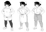  1girl apron bandana breasts commentary denim hands_on_own_hips jeans large_breasts original pants pomki shoes short_hair short_shorts shorts sleeves_rolled_up sneakers sweater thick_eyebrows thighhighs 