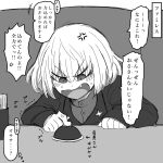  1girl anger_vein angry fang frown girls_und_panzer highres katyusha_(girls_und_panzer) monochrome noumen pravda_school_uniform push-button pushing school_uniform shaking short_hair solo struggling table translation_request 