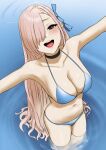  1girl :d absurdres armpits asuna_(blue_archive) bikini blue_archive blue_bikini blue_eyes blue_ribbon blush breasts choker cleavage hair_over_one_eye hair_ribbon halo highres long_hair looking_at_viewer mole mole_on_breast navel open_mouth outstretched_arms pink_hair ribbon smile solo swimsuit tantanmen72 teeth very_long_hair wading 