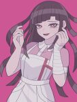  1girl :d amano_raru apron bandaged_arm bandages black_hair breasts danganronpa_(series) danganronpa_2:_goodbye_despair hands_up heart heart-shaped_pupils highres large_breasts long_hair looking_at_viewer mole mole_under_eye open_mouth pink_background pink_shirt puffy_short_sleeves puffy_sleeves shirt short_sleeves smile solo sweat symbol-shaped_pupils tsumiki_mikan two-tone_shirt white_apron white_shirt 